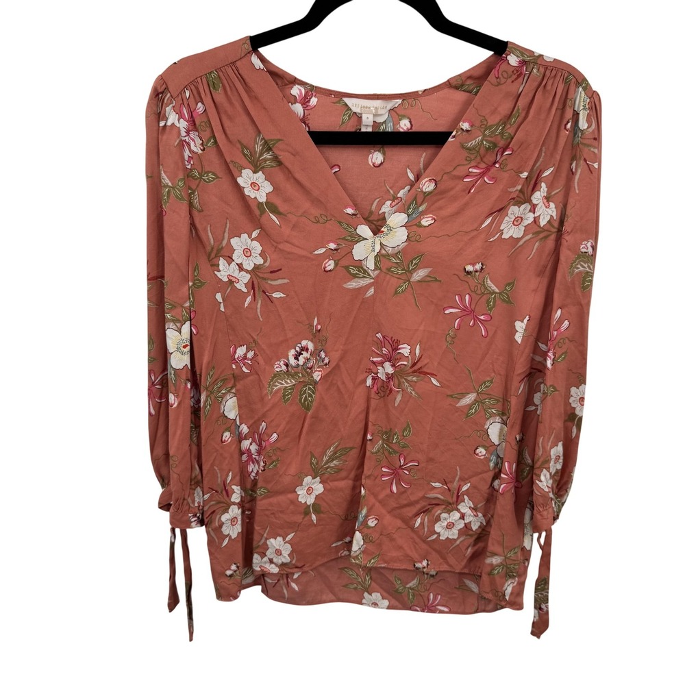 Rebecca Taylor Blouse Women 8 Mauve Floral Silk Blend Tie 1/2 Sleeve Boho Office